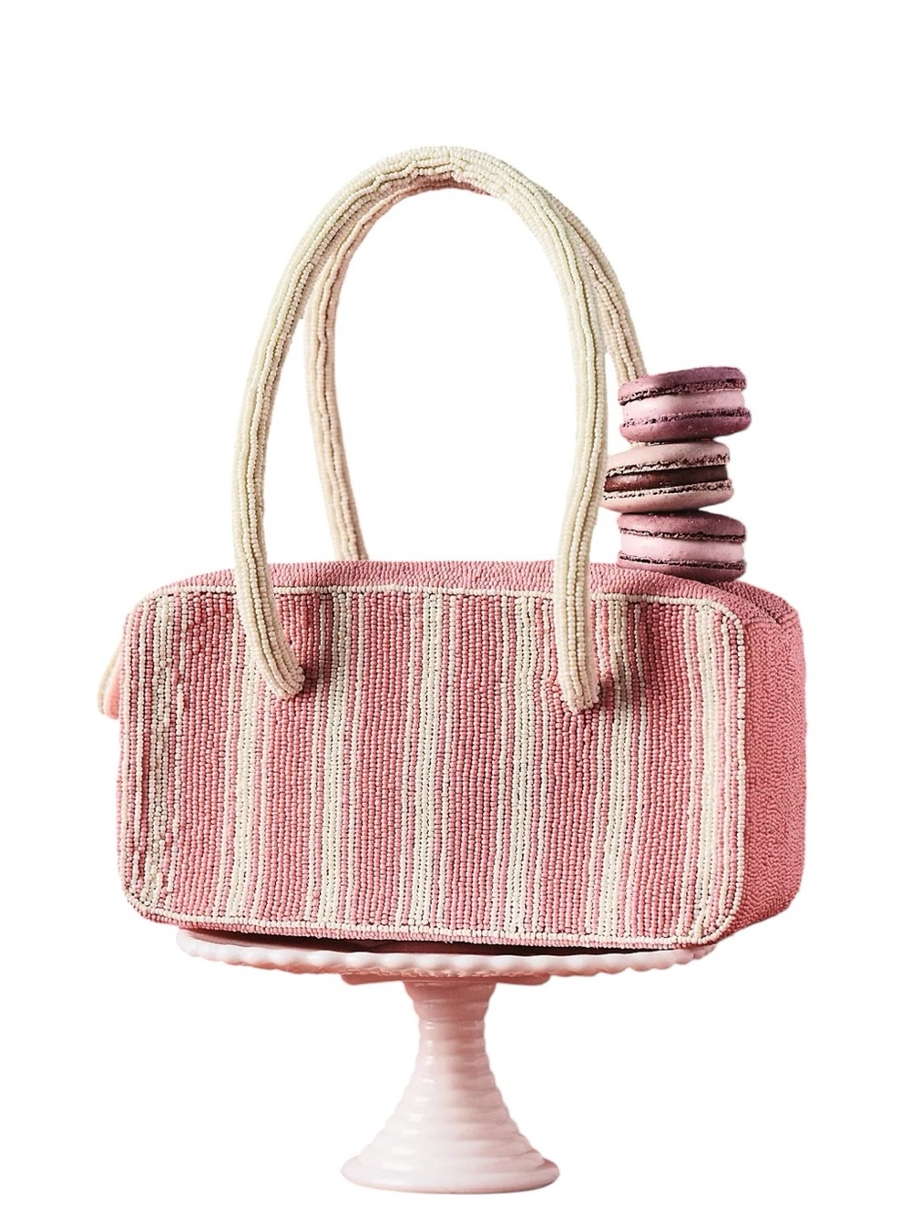 Anthropologie Beaded Box Bag Pink Stripe Glass Bead Top Handle Mini Purse NWT - Picture 3 of 7